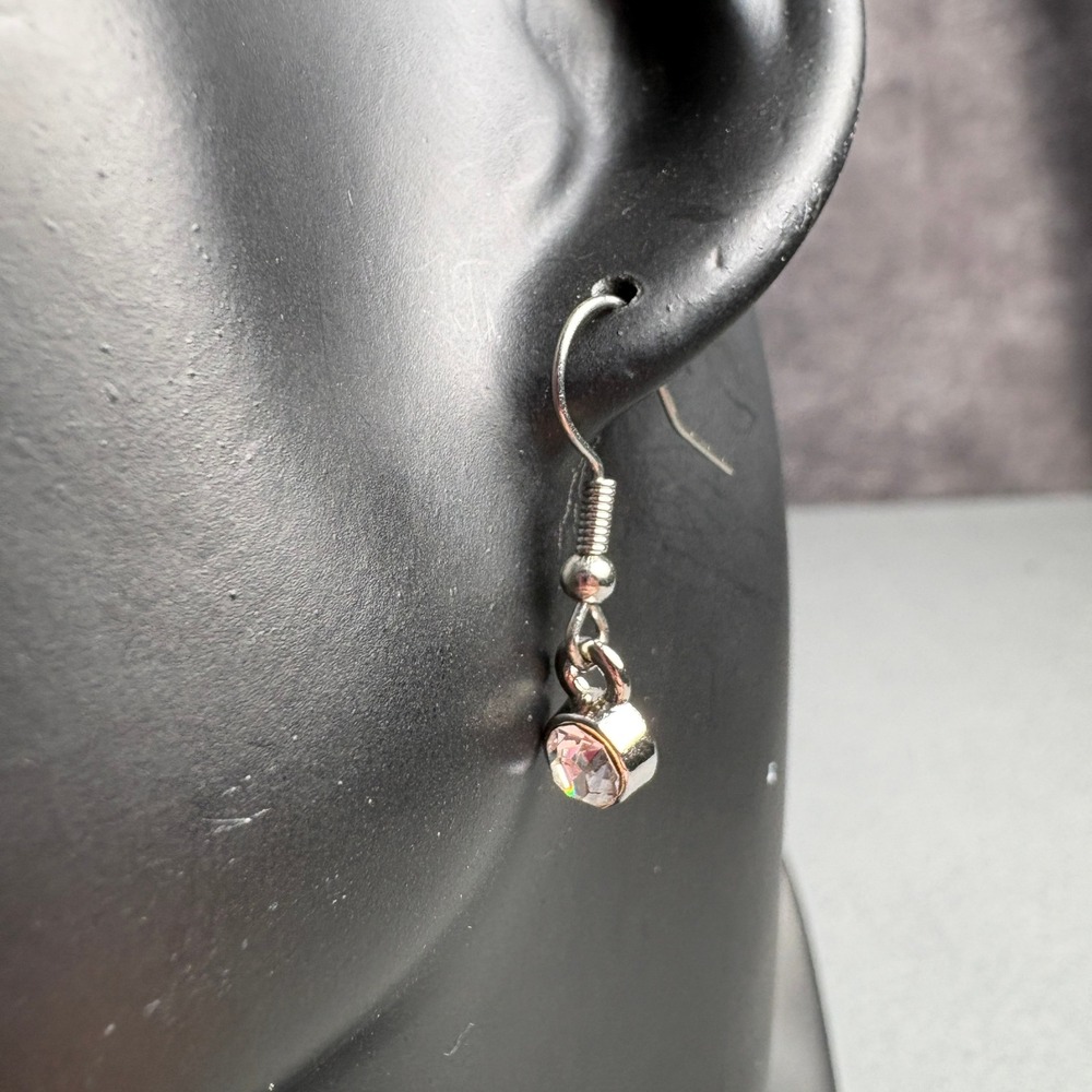 Handmade Silver Tone Round Clear Crystal Bezel Drop Dangle Fishhook Earrings
